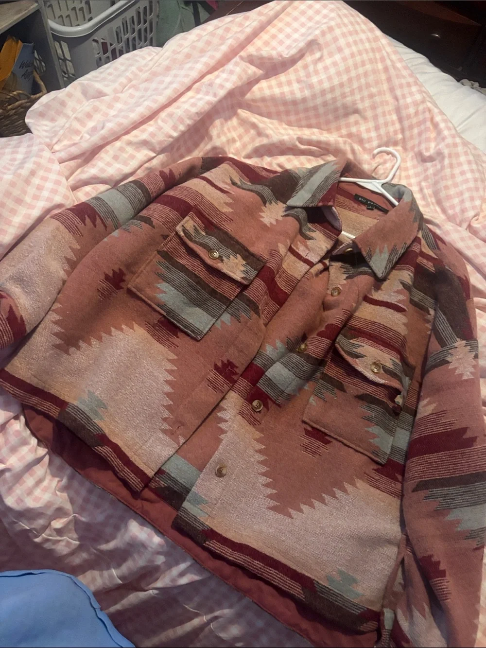 Western Pattern Button-Up Aztec Jacket/Shacket in Dusty Rose & Rust - Picture 1 of 3